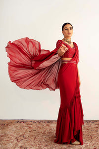 Red Georgette Pre-Stitched Draped Saree Set