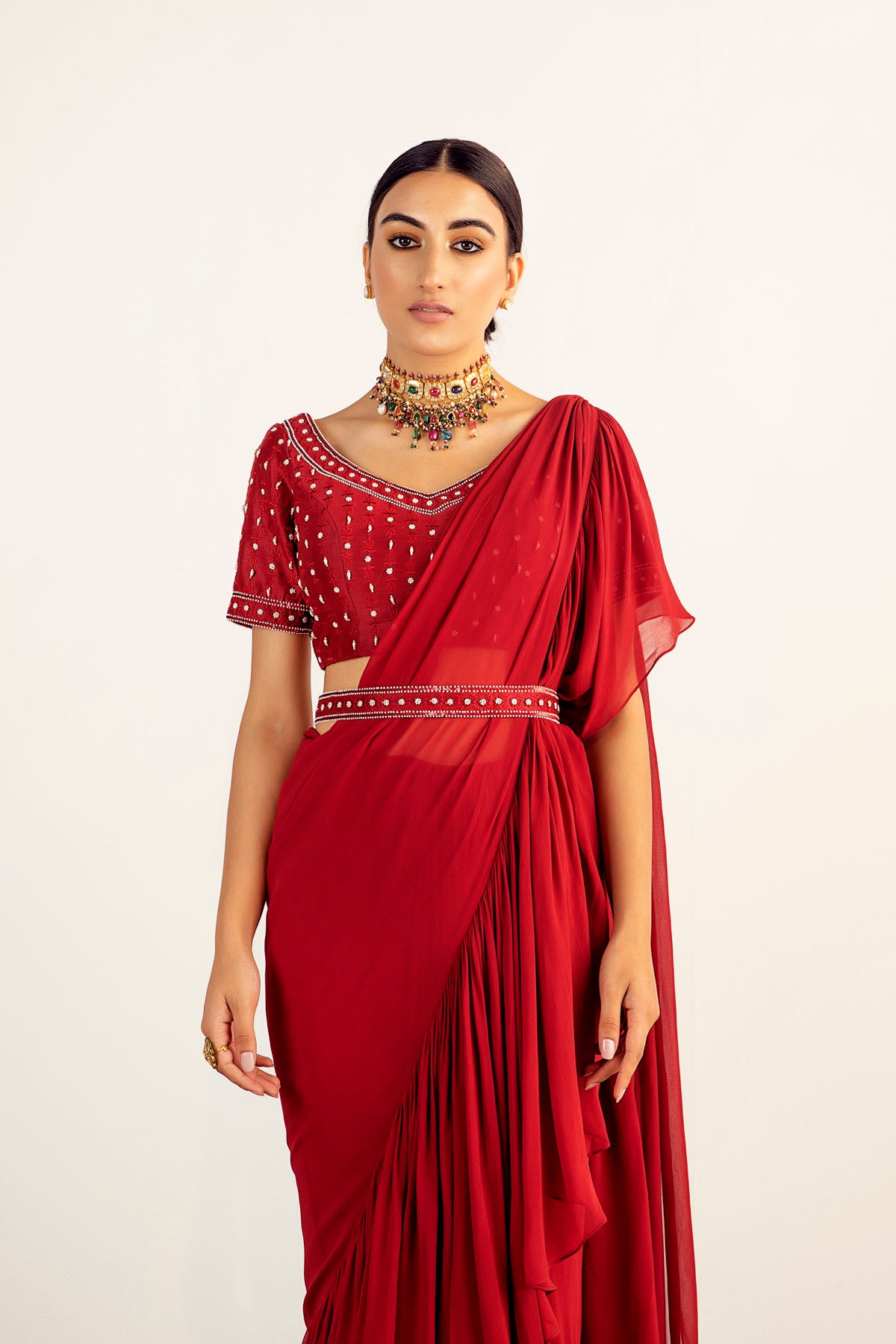 Red Georgette Pre-Stitched Draped Saree Set