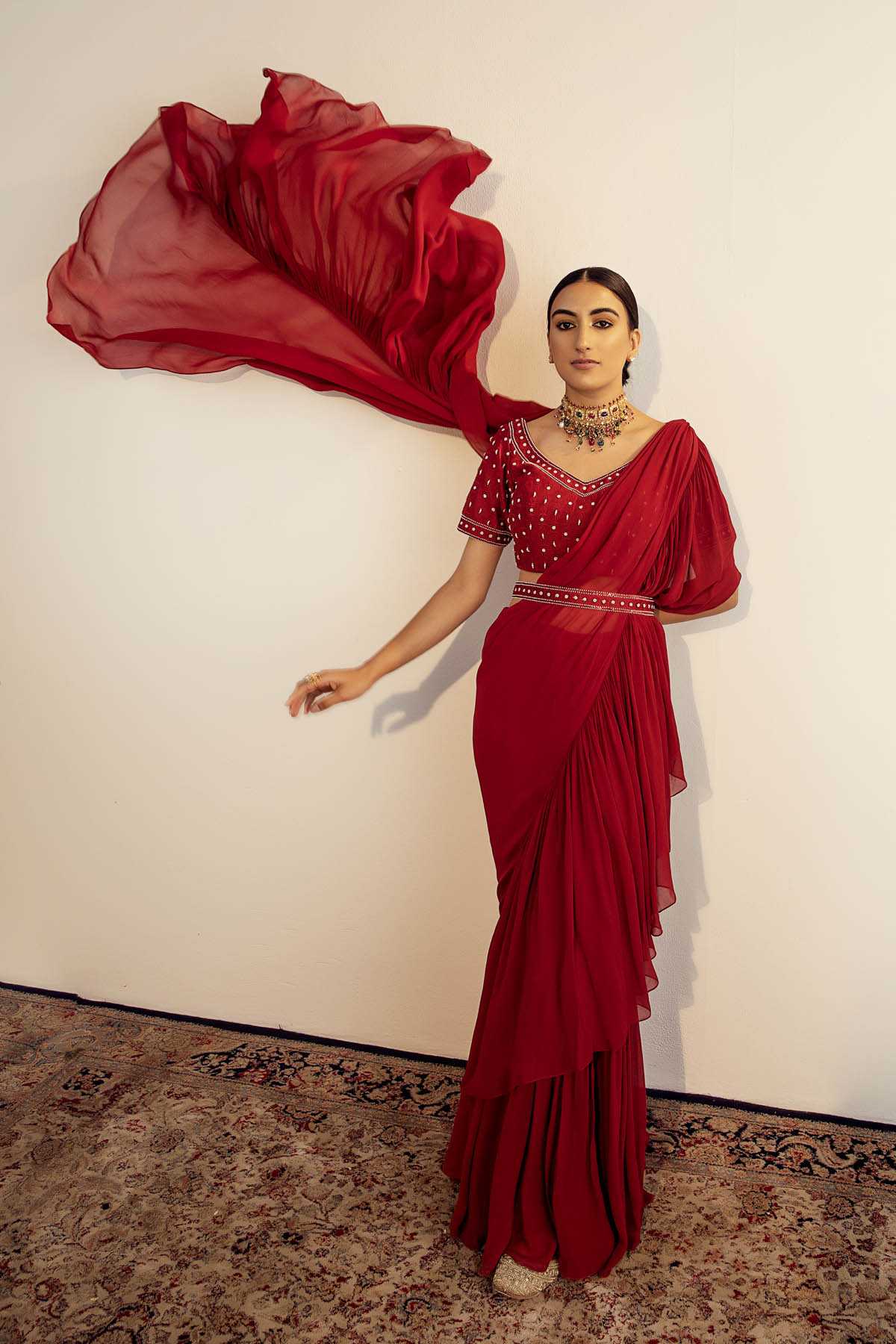 Red Georgette Pre-Stitched Draped Saree Set