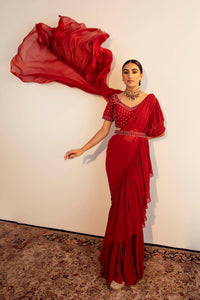 Red Georgette Pre-Stitched Draped Saree Set