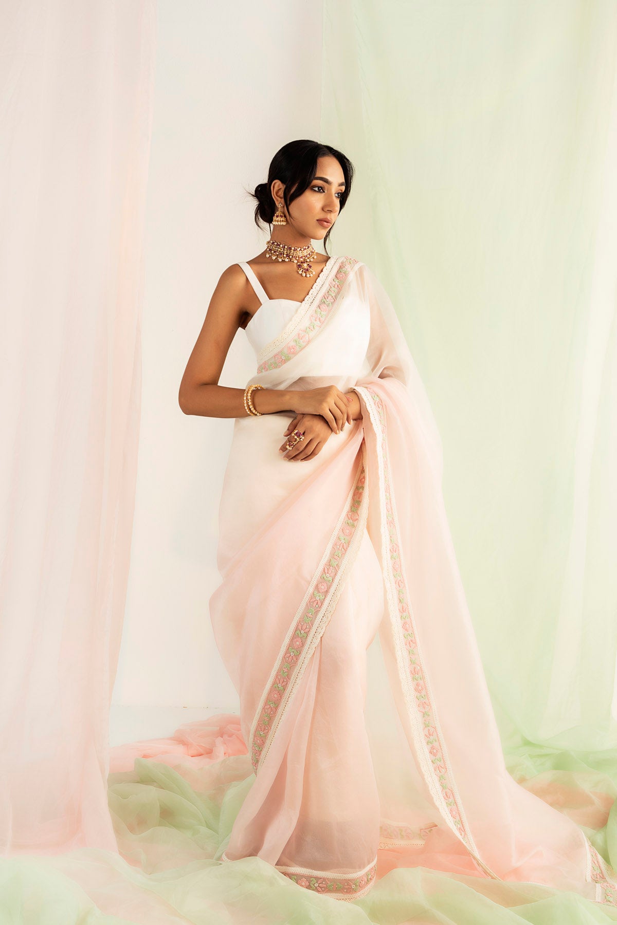 White & pink Silk Organza Embellished Ombre Saree Set