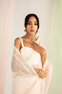 White & pink Silk Organza Embellished Ombre Saree Set