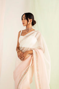 White & pink Silk Organza Embellished Ombre Saree Set