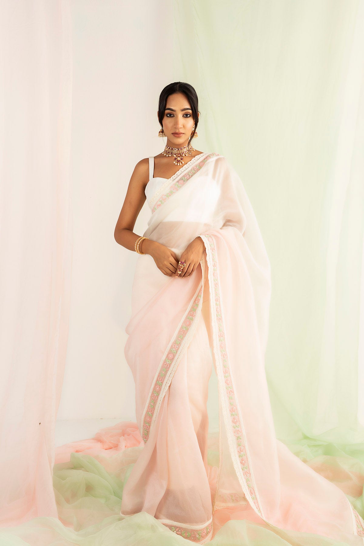 White & pink Silk Organza Embellished Ombre Saree Set