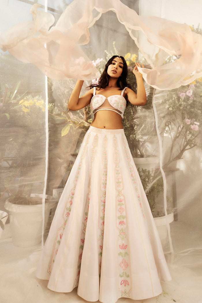 White Silk Chanderi Embroidered Lehenga Set