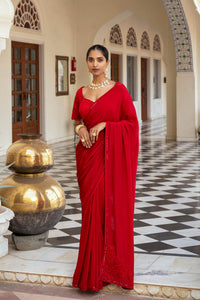 Red Crepe Floral Embroidered Saree Set