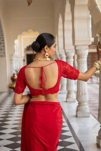 Red Crepe Floral Embroidered Saree Set