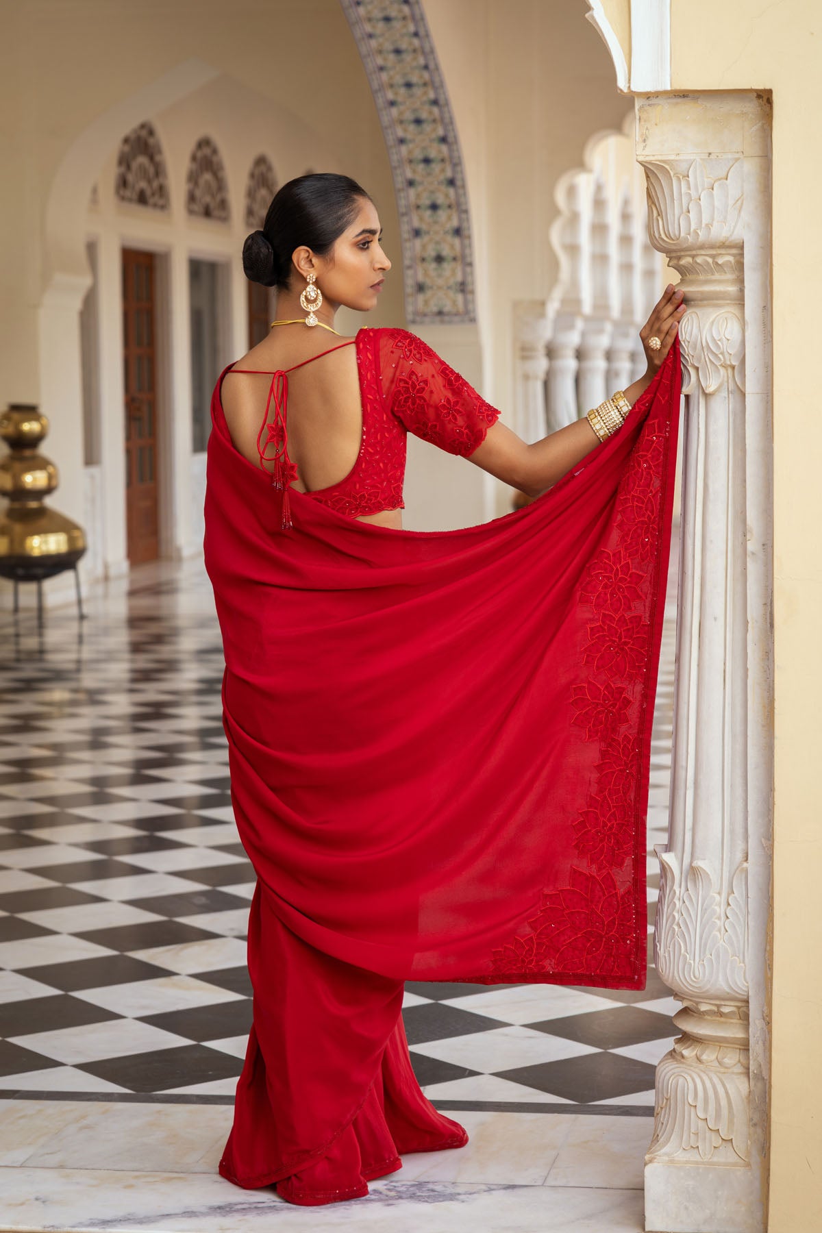 Red Crepe Floral Embroidered Saree Set