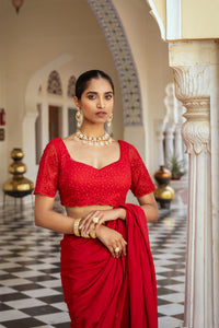 Red Crepe Floral Embroidered Saree Set